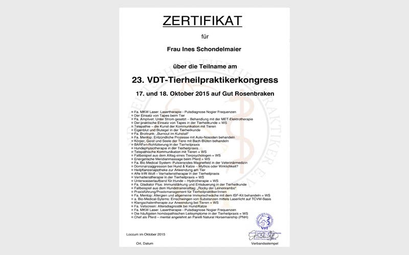 Teilnahme am 23. VDT-Tierheilpraktikerkongress 17. und 18. Oktober 2015 auf Gut Rosenbraken